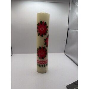 Vintage Poinsettia Christmas Thick Tapered Pillar Candle 9.3/4” Tall Sealed